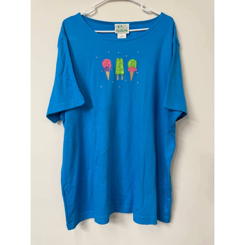 Quacker Factory 1X Blue Ice Cream‎ Popsicle Graphic T-Shirt Rhinestone Sequins